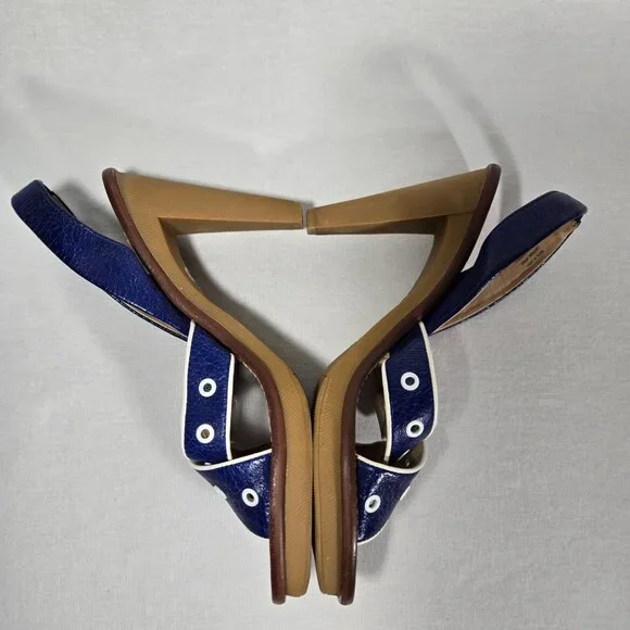MICHAEL KORS Nautical Blue LEATHER Straps White Trim Slingback Heel Sandals 8.5M - Picture 7 of 16